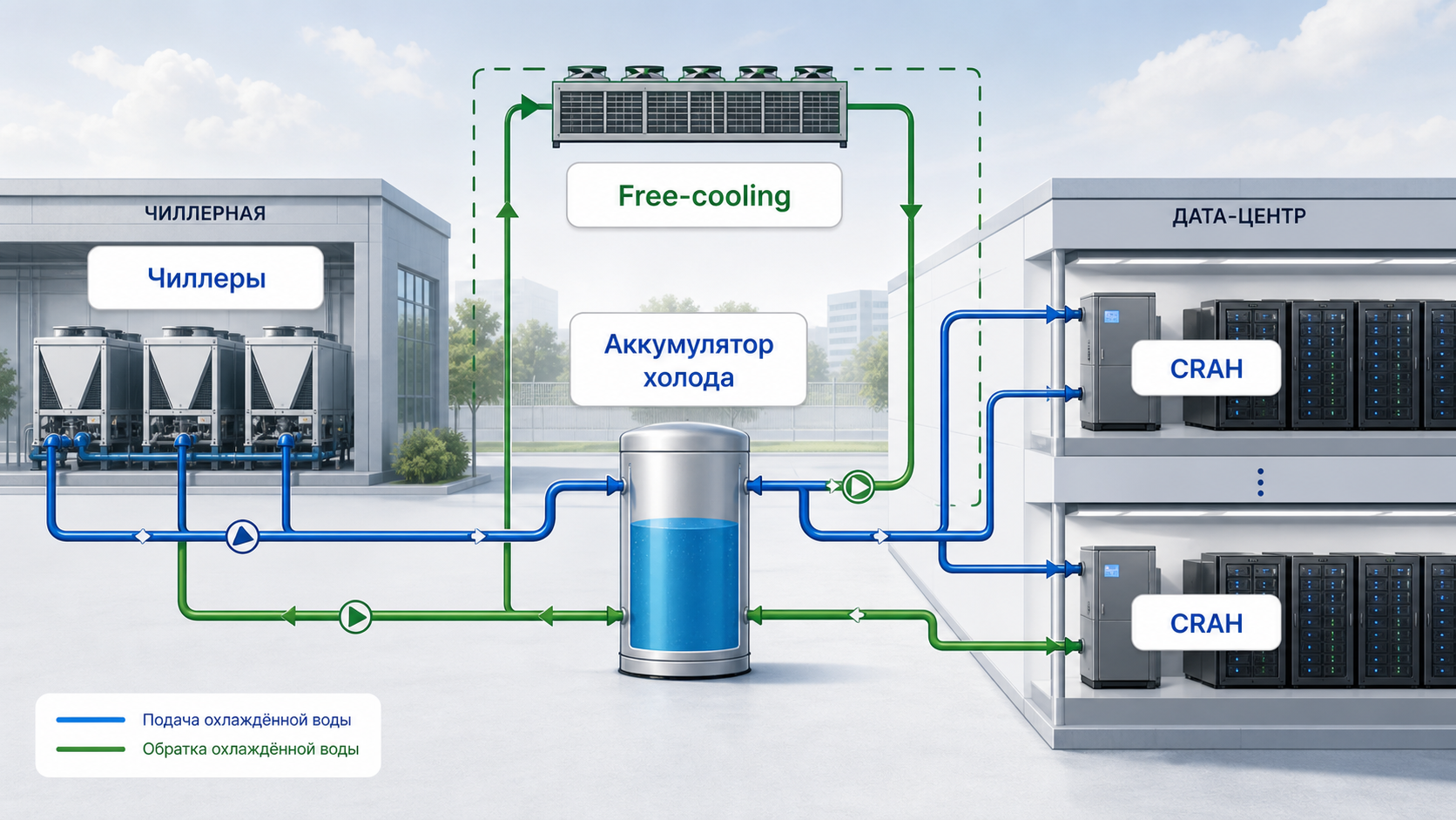  чиллеры, free‑cooling и бак охлаждённой воды в одном контуре